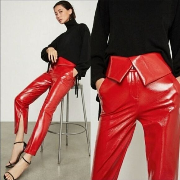 BCBGMaxAzria Pants - Bcbgmaxazria Size Xxs Red Faux Leather Fold Over Waist Peplum Pants